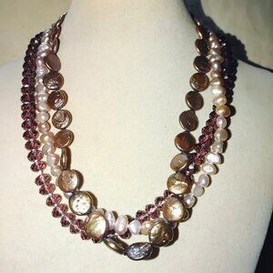 Freshwater Pearl Crystal Necklace Magnetic Clasp Brown Pink 18 Inch 3 Strand